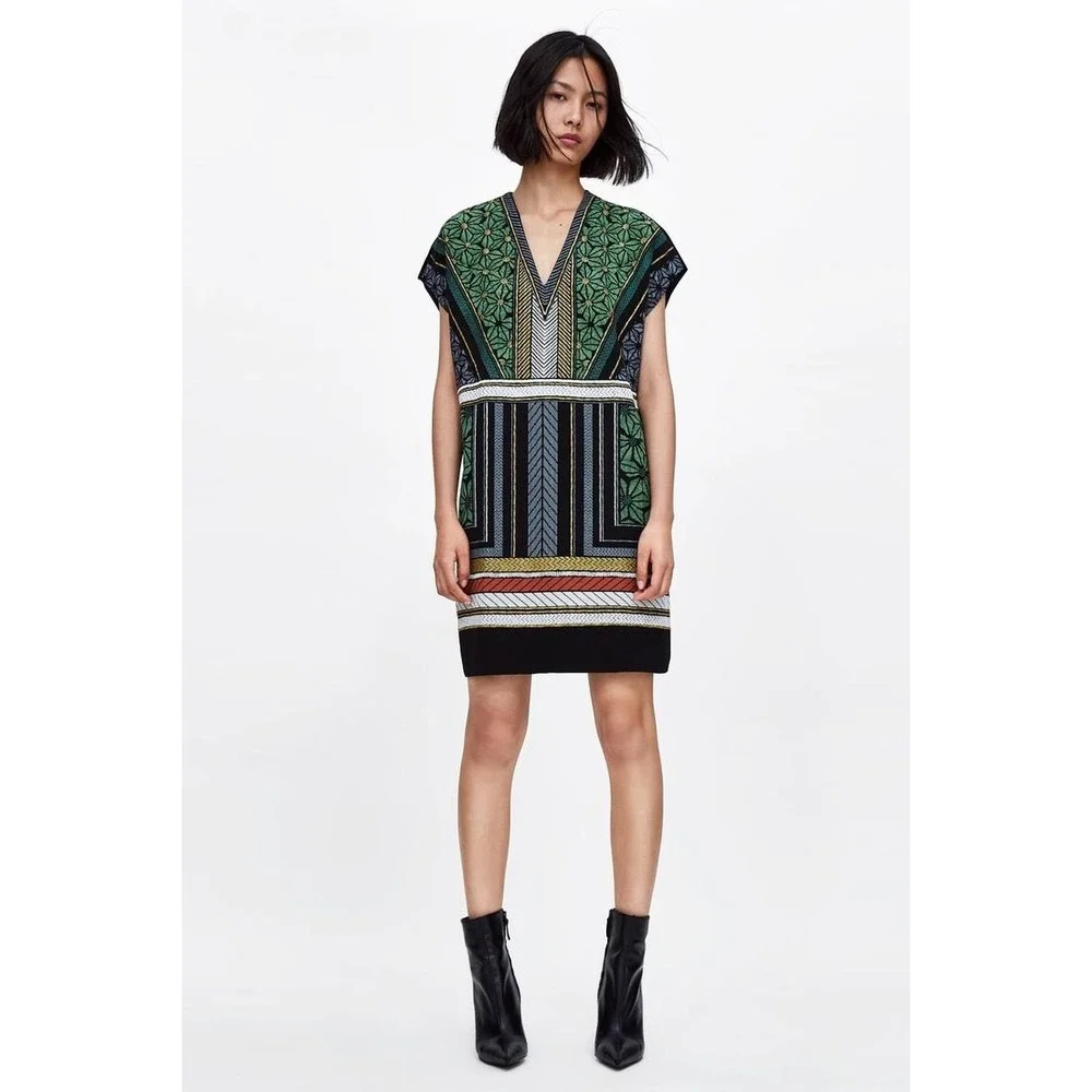 Zara Geometric V-Neck Mini Dress or Tunic‎ with Gold Thread Accents Size Small